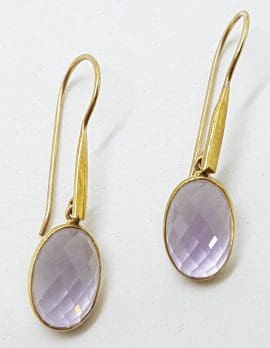 9ct Yellow Gold Light Coloured Oval Amethyst Long Drop Earrings
