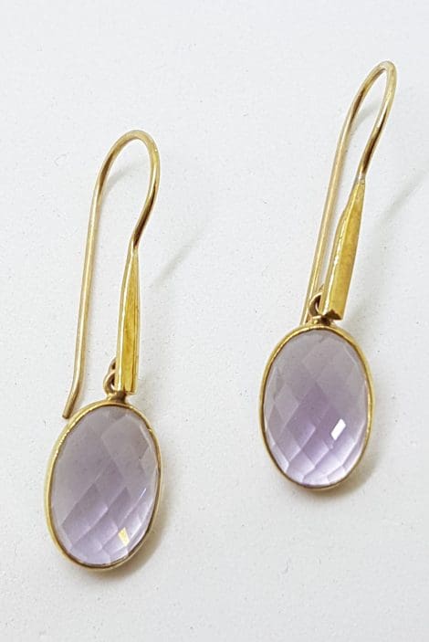 9ct Yellow Gold Light Coloured Oval Amethyst Long Drop Earrings