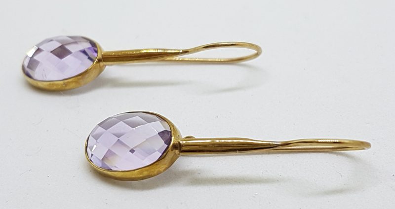 9ct Yellow Gold Light Coloured Oval Amethyst Long Drop Earrings