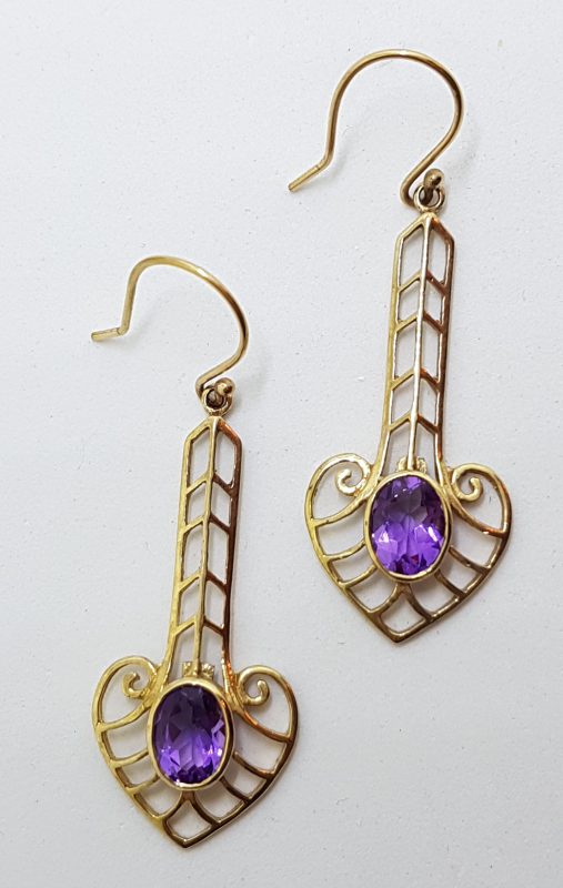 9ct Yellow Gold Amethyst Drop Earrings - Ornate