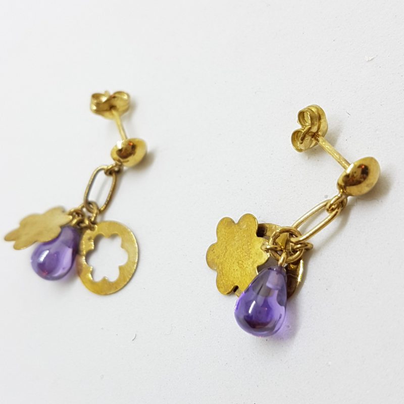 9ct Yellow Gold Ornate Amethyst Drop Earrings