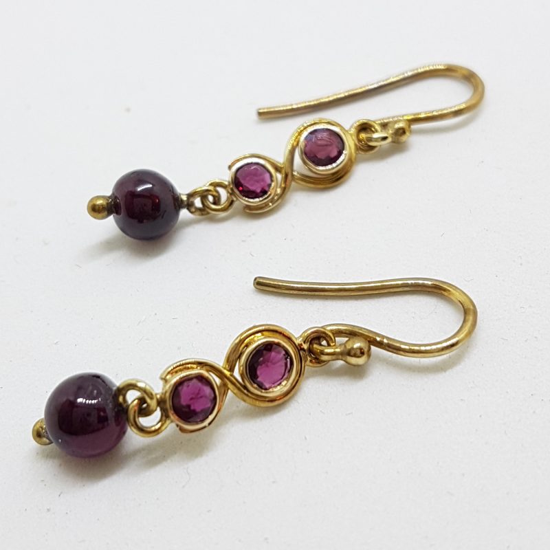 9ct Yellow Gold Handmade Twist Design Garnet Drop Earrings