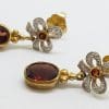 9ct Gold Garnet and Diamond Stud / Drop Earrings with Ornate Ribbon Design