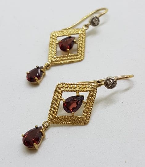 9ct Gold Garnet Ornate Long Drop Earrings