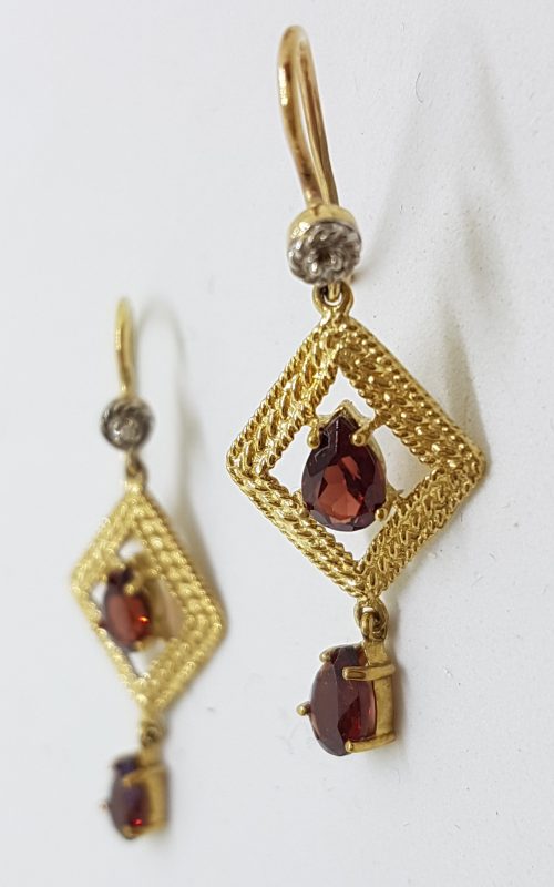 9ct Gold Garnet Ornate Long Drop Earrings