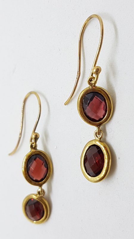 9ct Yellow Gold Long Oval Garnet Double Drop Earrings
