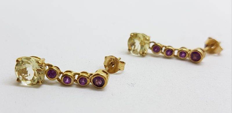 9ct Gold Rhodolite Garnet and Lemon Citrine Drop Earrings
