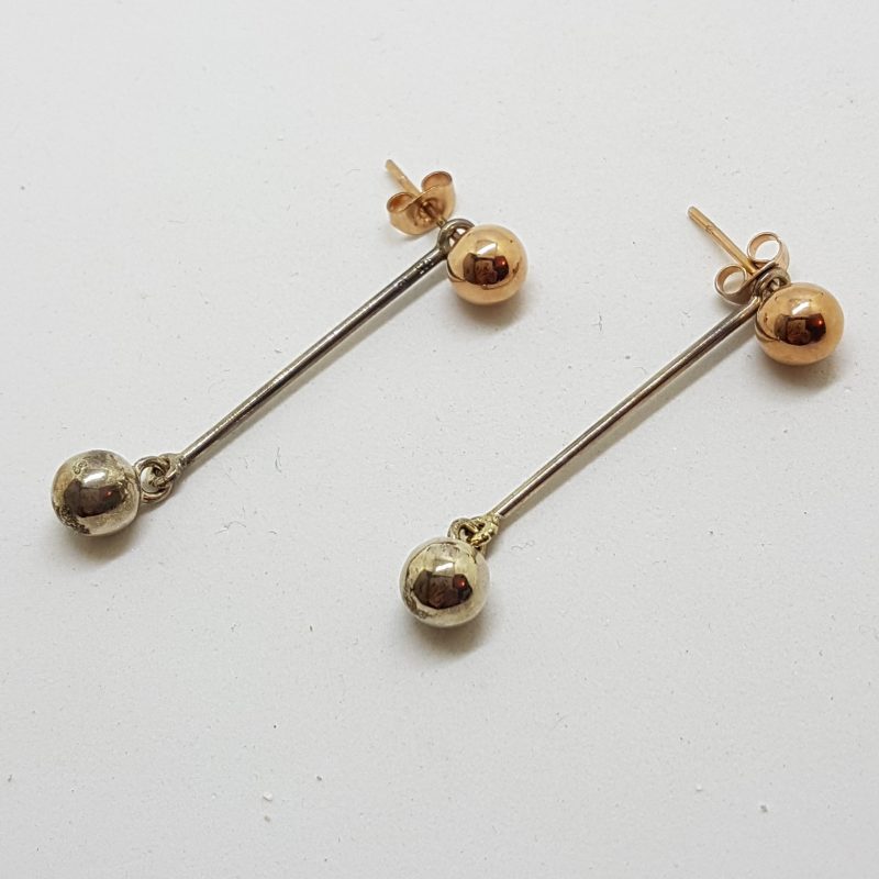 9ct Rose Gold & Sterling Silver Long Ball & Stud 2 in 1 Drop Earrings