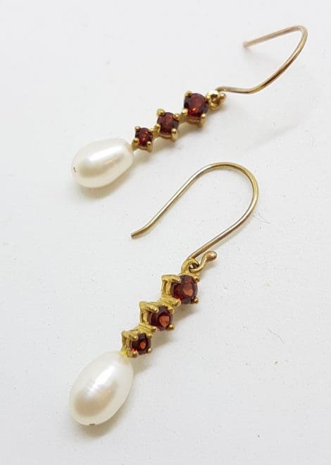 9ct Yellow Gold Garnet & Pearl Long Drop Earrings