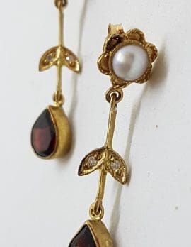9ct Gold Garnet, Pearl and Diamond Long Drop Earrings