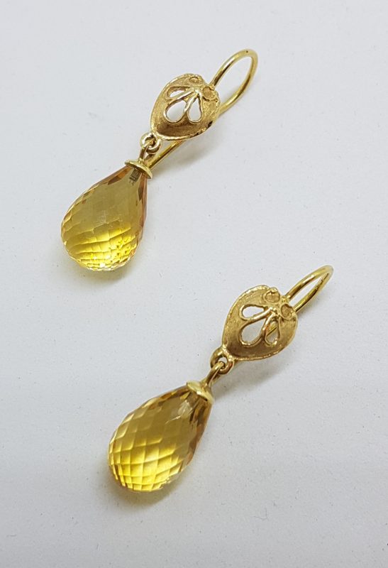14ct Gold Ornate Tear Drop Citrine Earrings