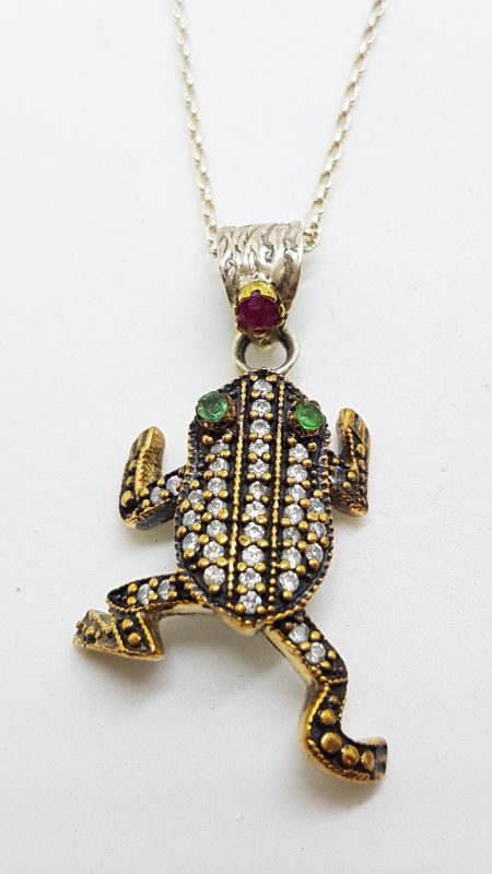 Sterling Silver Cubic Zirconia Frog Pendant on Silver Chain