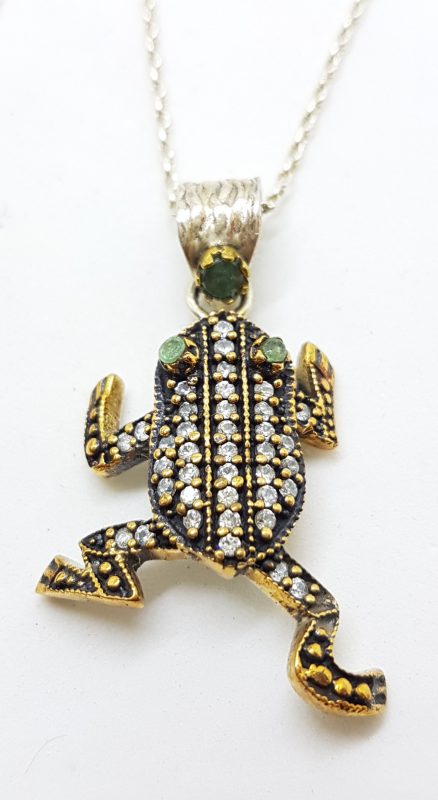 Sterling Silver Cubic Zirconia Frog Pendant on Silver Chain