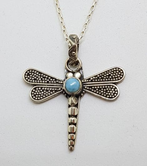 Sterling Silver Larimar Dragonfly Pendant on Silver Chain