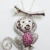 Sterling Silver Large Pink & White Cubic Zirconia Monkey/Gorilla/Ape Pendant on Silver Chain