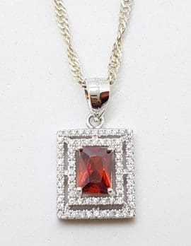 Sterling Silver Cubic Zirconia Red & Clear Rectangular Pendant on Silver Chain