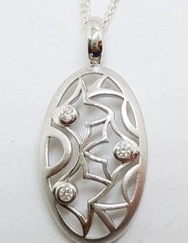 Sterling Silver Cubic Zirconia Oval Filigree Pendant on Silver Chain