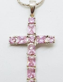Sterling Silver Cubic Zirconia Large Pink Cross/Crucifix Pendant on Silver Chain