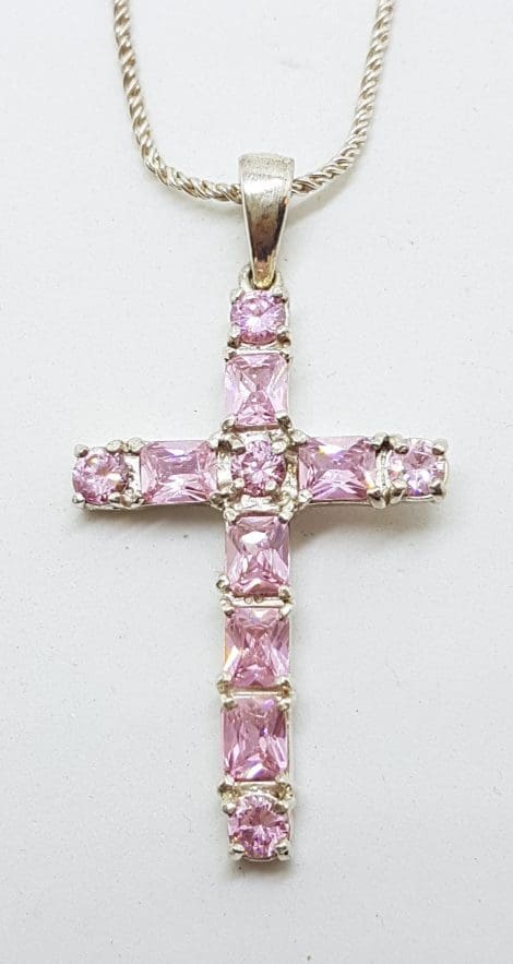 Sterling Silver Cubic Zirconia Large Pink Cross/Crucifix Pendant on Silver Chain