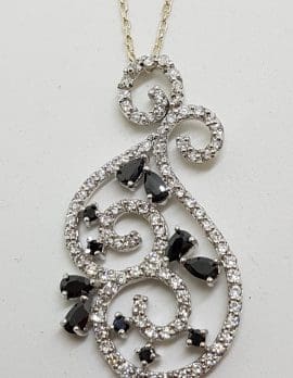 Sterling Silver Cubic Zirconia Black & Clear Large Ornate Pendant on Silver Chain