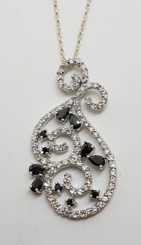 Sterling Silver Cubic Zirconia Black & Clear Large Ornate Pendant on Silver Chain