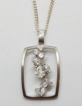Sterling Silver Cubic Zirconia Rectangular Cluster Pendant on Silver Chain