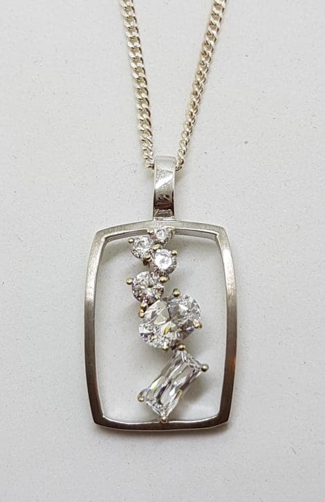 Sterling Silver Cubic Zirconia Rectangular Cluster Pendant on Silver Chain