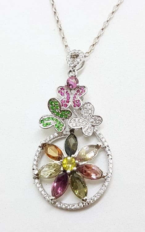 Sterling Silver Cubic Zirconia Large Multi-Colour Pendant on Silver Chain