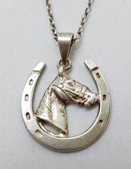 Sterling Silver Horse Head Horseshoe Pendant on Silver Chain