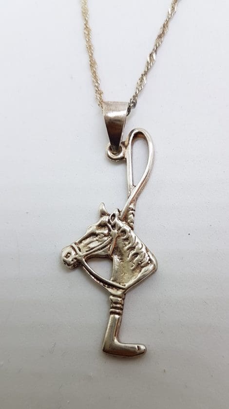 Sterling Silver Horse Head on Riding Crop/Whip Pendant on Silver Chain
