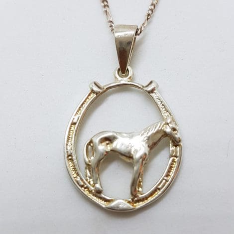 Sterling Silver Horse in Horseshoe Pendant on Silver Chain