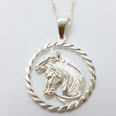 Sterling Silver 2 Horse Heads Pendant on Silver Chain