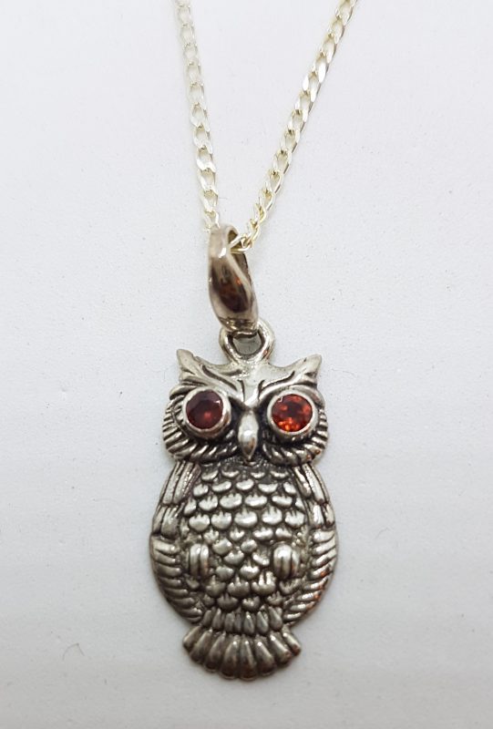 Sterling Silver Garnet Owl Pendant on Chain