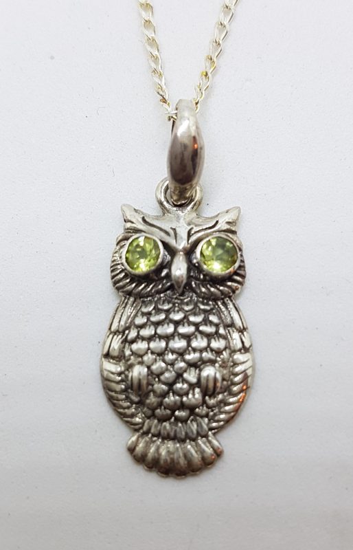 Sterling Silver Peridot Owl Pendant on Silver Chain