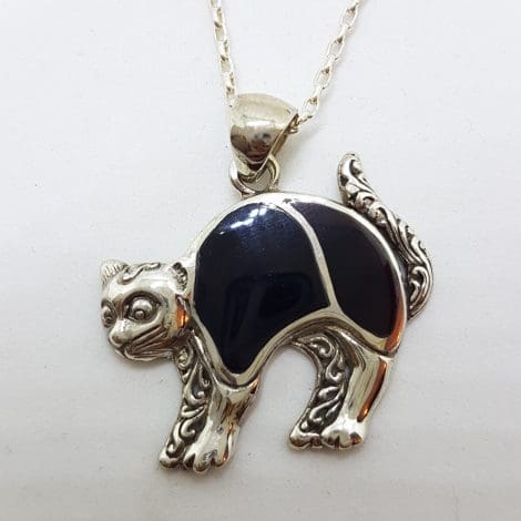 Sterling Silver Black Cat Pendant on Silver Chain