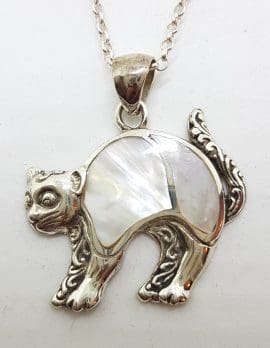 Sterling Silver Mother of Pearl Cat Pendant on Silver Chain