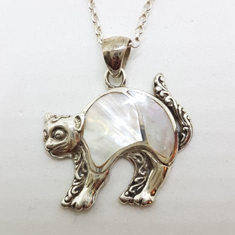 Sterling Silver Mother of Pearl Cat Pendant on Silver Chain