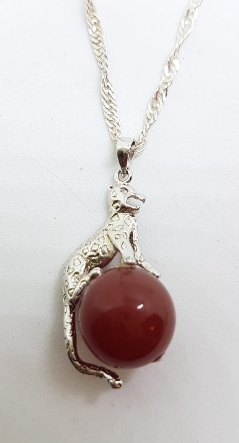 Sterling Silver Cat/Leopard/Panther Carnelian Pendant on Silver Chain