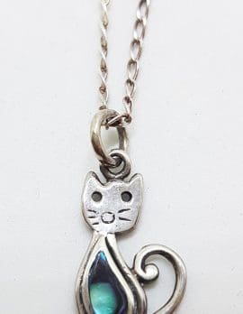 Sterling Silver Cat Paua Shell Pendant on Silver Chain