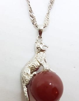 Sterling Silver Cat/Leopard/Panther Carnelian Pendant on Silver Chain