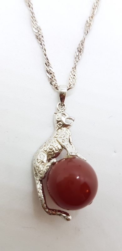 Sterling Silver Cat/Leopard/Panther Carnelian Pendant on Silver Chain