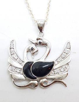 Sterling Silver 2 Swan Black and Cubic Zirconia Pendant on Silver Chain