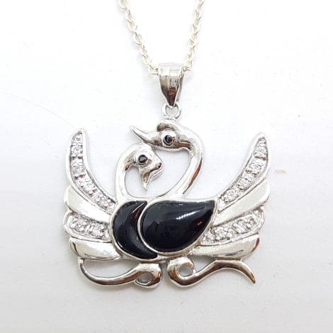 Sterling Silver 2 Swan Black and Cubic Zirconia Pendant on Silver Chain