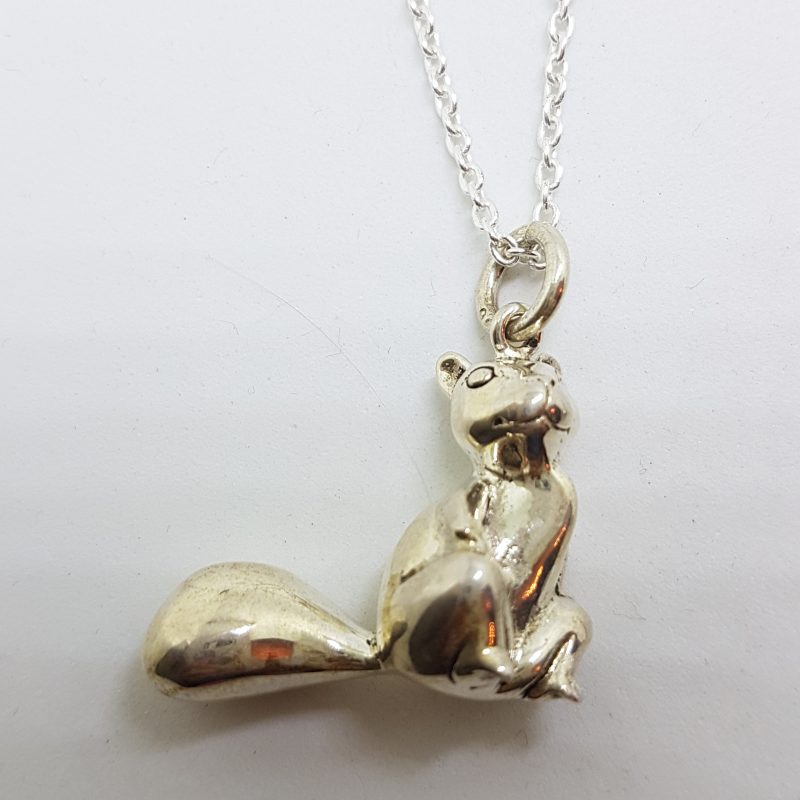 Sterling Silver Heavy Solid Squirrel Pendant on Silver Chain