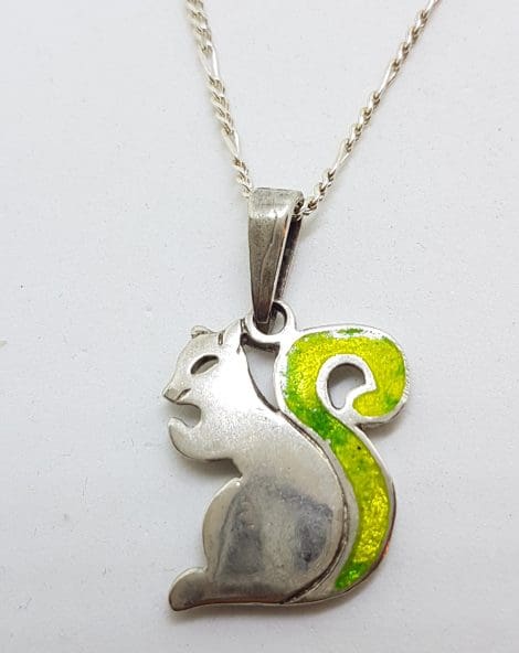 Sterling Silver & Enamel Squirrel Pendant on Silver Chain