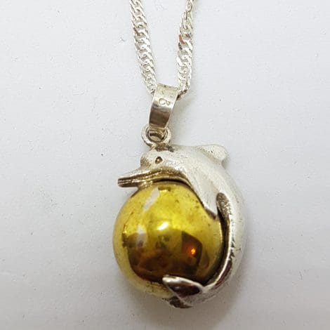 Sterling Silver Dophin with Brass Ball Pendant on Silver Chain
