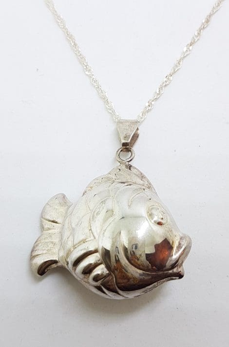 Sterling Silver Large Hollow Fish Pendant on Silver Chain