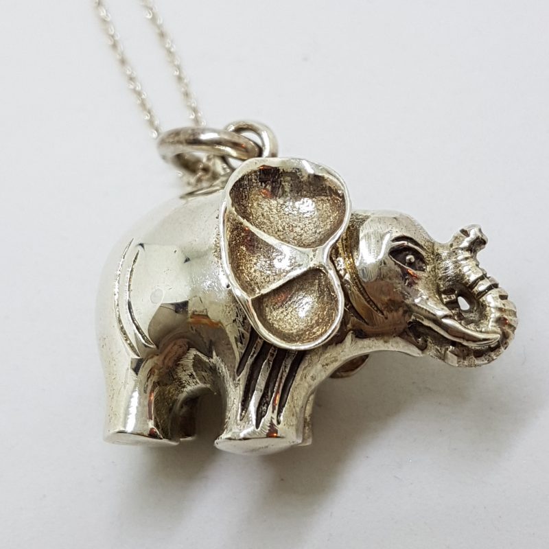 Sterling Silver Large Solid/Heavy Elephant Pendant on Silver Chain
