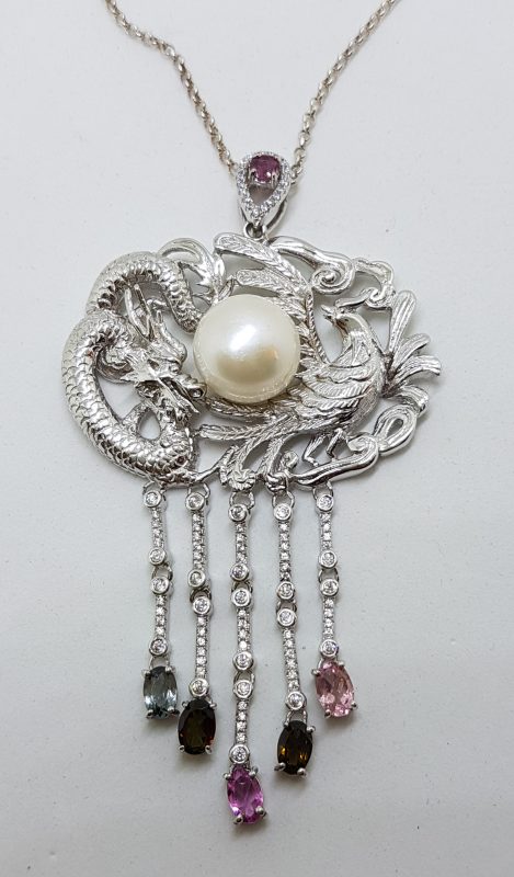 Sterling Silver Large Cubic Zirconia Phoenix & Dragon Drop Pendant on Silver Chain