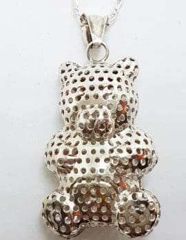 Sterling Silver Large Hollow Teddy Bear Pendant on Silver Chain